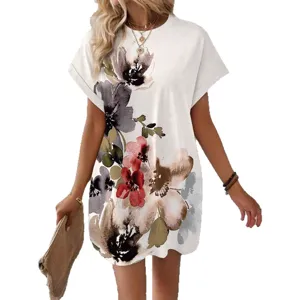 Women short sleeve floral print casual dress elegant vintage summer beach t-shirt dress