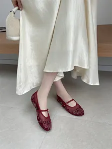 Wine red mesh flat shoes with exquisite beads, comfortable Mary Jane low heels for women now.
