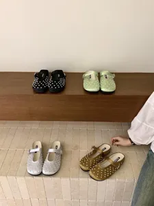 French style pearl embellished satin mule shoes for women, comfortable slip on flat shoes.