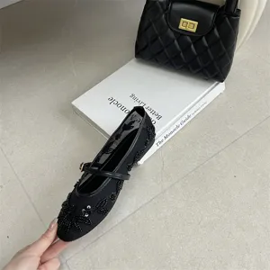 Black mesh beaded flat shoes detail view, elegant strap design for women spring wear.