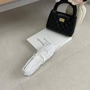 White beaded flat shoes for women, stylish shallow mouth Mary Jane shoes with low heel.