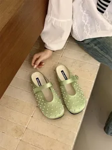 French fairy style satin pearl mules flat shoes elegant light green casual ladies footwear