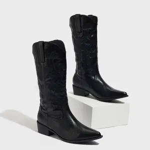 Stivali western neri a punta con ricamo e tacco largo, scarpe retrò da donna eleganti.