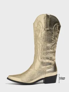 Stivali da cowboy occidentali dorati metallizzati da donna con punta affilata e tacco largo.