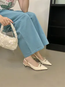 Zapatos de tacón bajo aguja punta con lazo para slingback para mujer, calzado elegante.