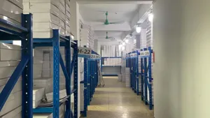 Vista dettagliata del magazzino con stock organizzato e scatole di scarpe western retrò.