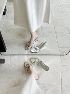 Silver metallic open toe wedge high heels, elegant French style fashion slip-on sandals.