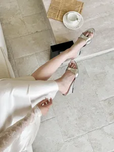 Metallic silver wedge high heel sandals for women, open toe chic summer stylish shoes