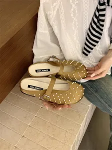 French vintage satin pearl mule shoes, elegant slip-on closed toe flat slippers for women.