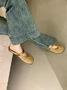 Chic satin pearl mules for women, comfortable slip-on backless flats with chic strap design.