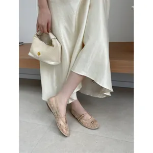 Elegant beige mesh beaded flat shoes with ankle strap, perfect for spring and autumn style.