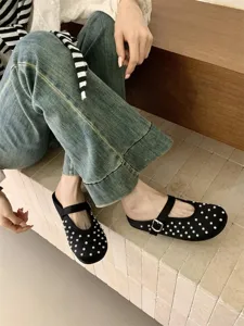 Chic black satin pearl mules for women, trendy French style slip-on flats with pearls.