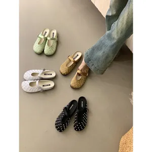 French style satin pearl mules for women elegant flat slip on casual chic new shoes