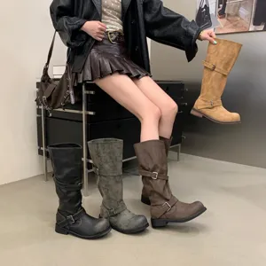 Vintage distressed knee high motorcycle boots for women chunky heel buckle riding boots