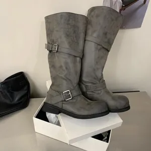Women vintage distressed knee high biker boots chunky heel retro footwear details