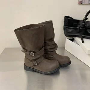 Retro distressed mid-calf motorcycle boots for women, chunky heel buckle worker boots.