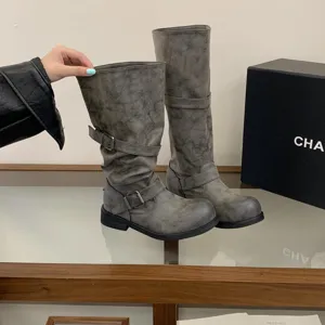 Vintage distressed mid-calf motorcycle boots for women, chunky heel grey gothic long boots.