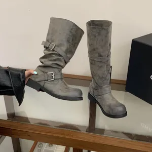 Vintage distressed knee high biker boots for women, cool slouchy chunky heel long boots 2024.