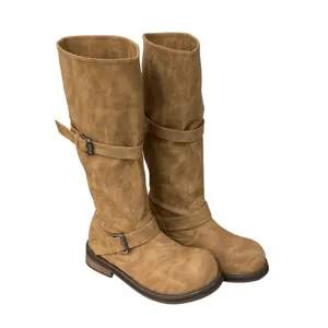 Vintage distressed mid-calf motorcycle boots for women with buckle straps and thick heel.