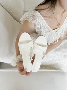 Summer new open toe patent leather high heel wedge fashion elegant women slip on shoes detail