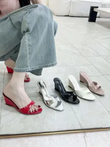 Summer open toe wedge high heels patent leather mules stylish chic women sandals