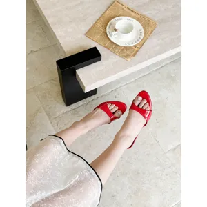Red patent leather open toe high heel mules summer fashion chic elegant slip on shoes