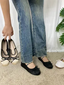 Scarpe basse Mary Jane da balletto in satin con cinturino in cristallo, fiocco elegante quotidiano.