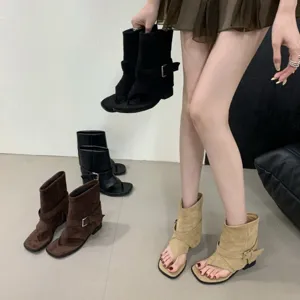 Women Retro Minimalist Casual Sandals Summer Niche Commuting Belt Buckle Roman Inner Height Increasing Short Boots