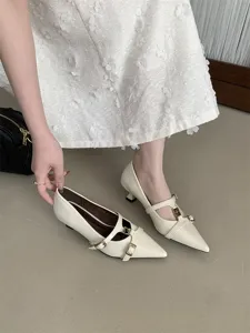 Close-up detail of stylish pointed-toe kitten heel pumps with elegant double buckle straps.