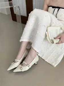 Detail shot of French vintage pointed toe kitten heels women elegant buckled dress shoes