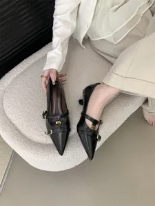 Black pointed-toe kitten heel pumps with stylish buckle straps for women daily commute