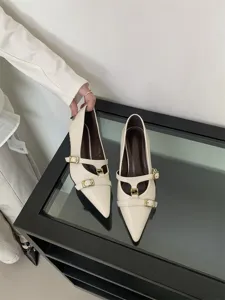 Elegant pointed toe kitten heels with double straps and metal buckles for women spring.