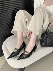 Elegant black pointed toe kitten heels for women, stylish office commute shoes with chic buckle.