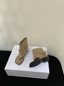 Detail view of vintage minimalist square toe cutout buckle casual sandals in khaki color.