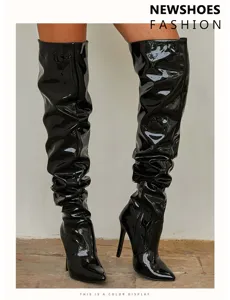 Black patent leather over-the-knee stiletto boots with pointed toe and side zipper for women