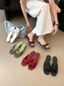 Mujeres lunares punta cuadrada tacón de gatito elegante lazo mulas sandalias verano