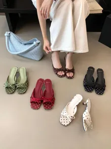 Mujeres sandalias tacón bajo cuadrado lunares con lazo elegantes zapatos de verano