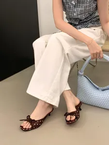 Elegantes sandalias tacón bajo lunares lazo punta cuadrada mujer verano zapatos mules.
