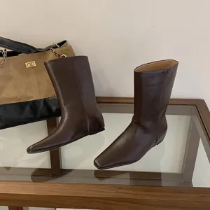 Trendy brown square toe mid-calf boots for women minimalist slip on short boots versatile wear