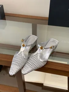 Mules plateadas tejidas con punta puntiaguda y tacón de cuña para mujer, zapatos elegantes.