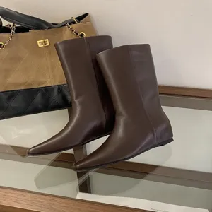 Elegant dark brown square toe flat short boots for women, versatile slip on ankle boots.