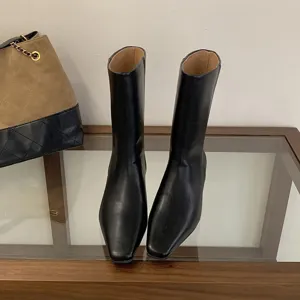 Detail view of stylish black square toe short boots featuring sleek slip-on design for women.