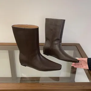 Dark brown square toe mid calf boots women casual slip on short boots elegant leather footwear