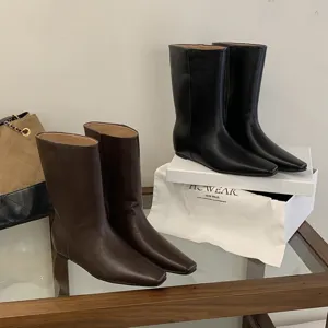 Korean style square toe slip-on short boots for women, versatile and stylish daily wear.