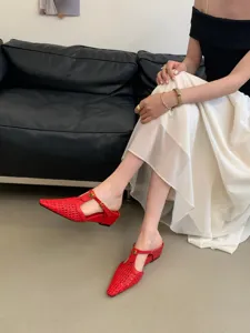 Mules rojas tejidas de punta con tacón cuña mujer zapatos elegantes franceses de verano