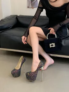 Women glitter platform high heels 16cm stiletto sexy nightclub single shoes sparkle detail.