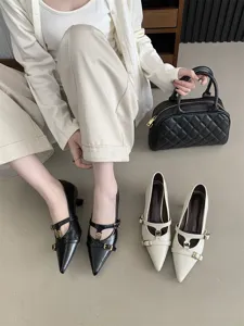 Chic French retro pointed toe kitten heels for women, elegant buckle strap commuting shoes.