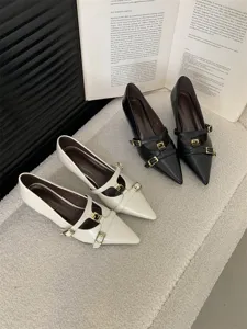 Detailed view of French vintage pointed toe kitten heel pumps with stylish buckled straps.