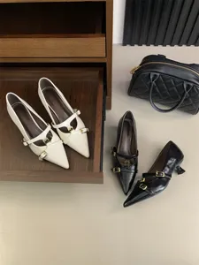 Pointed toe kitten heel shoes with double straps and chic metal buckles in black and white.
