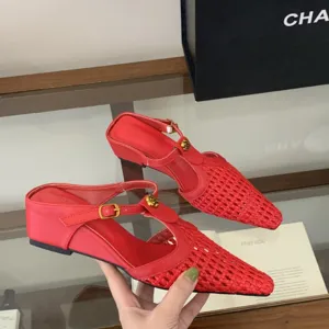 Mules de tacón bajo puntiagudo tejido rojo mujer sandalias elegantes de verano estilo chic